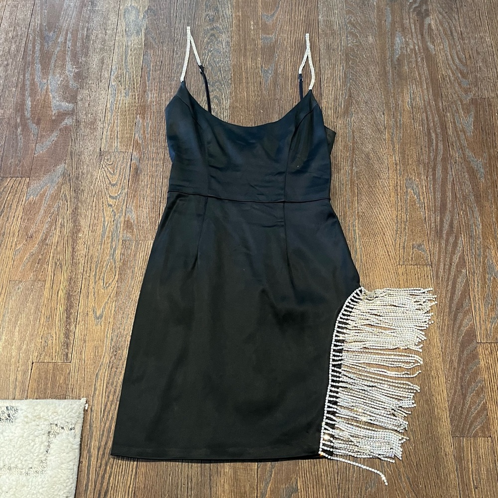 Oh Polly - On The Guestlist Embellished Split Leg Satin Mini Dress in Black